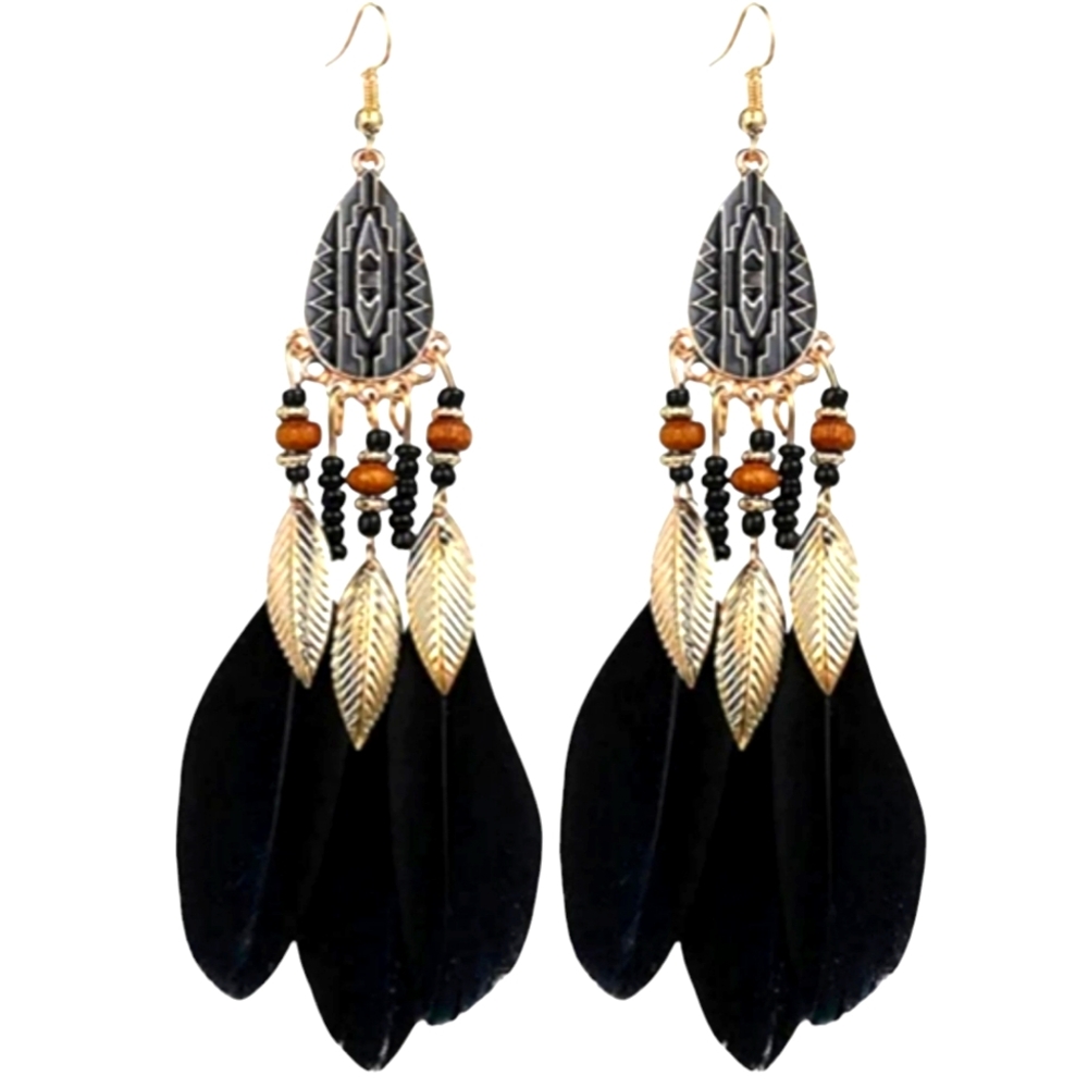 Faux Black Feather Dream Catcher, Bohemian Fringe Long Drop Dangle, Earrings.